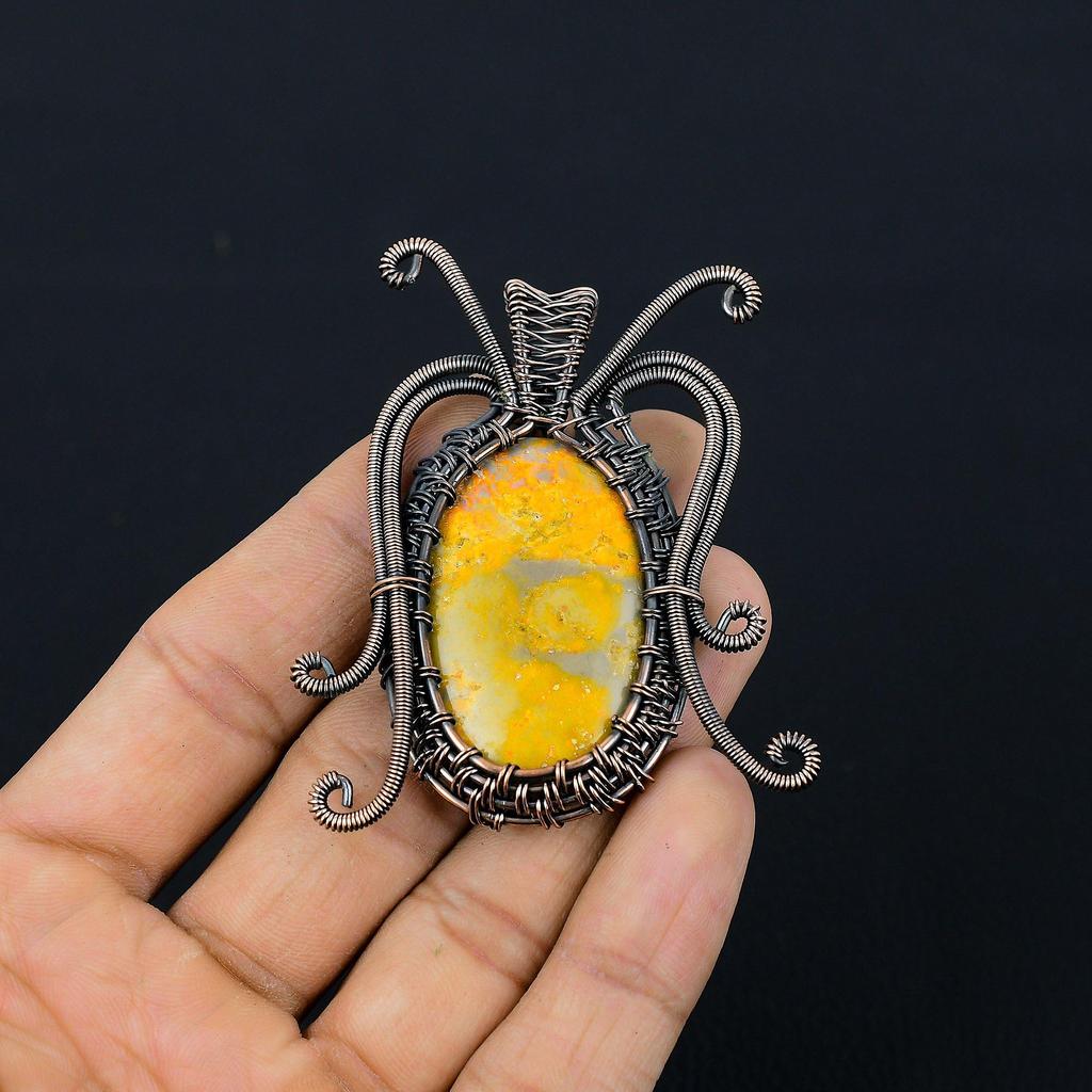 Butterfly Shaped Bumblebee Jasper Gemstone Pure Copper Wire Wrapped Handmade Pendant Jewelry Gift For Her