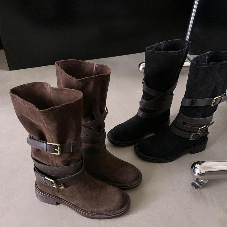 Cowhide Western Cowboy Boots Women's Brown Belt Buckle Pile Boots Medium Knight Boots New Retro Strap Boots Women