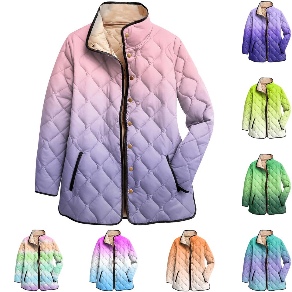 Ladies' Gradient Printed Stand Up Collar Pleated Cotton Long Sleeved Buttoned Cotton Jacket