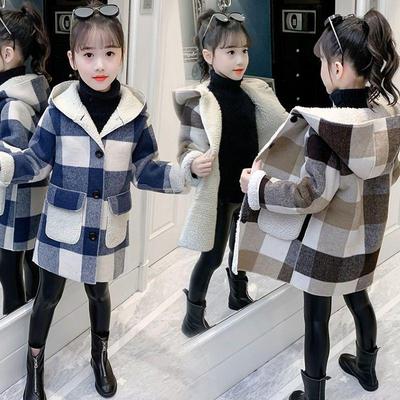 Woolen Coat Winter Fleece Middle and Big Children's Plaid Winter Clothes