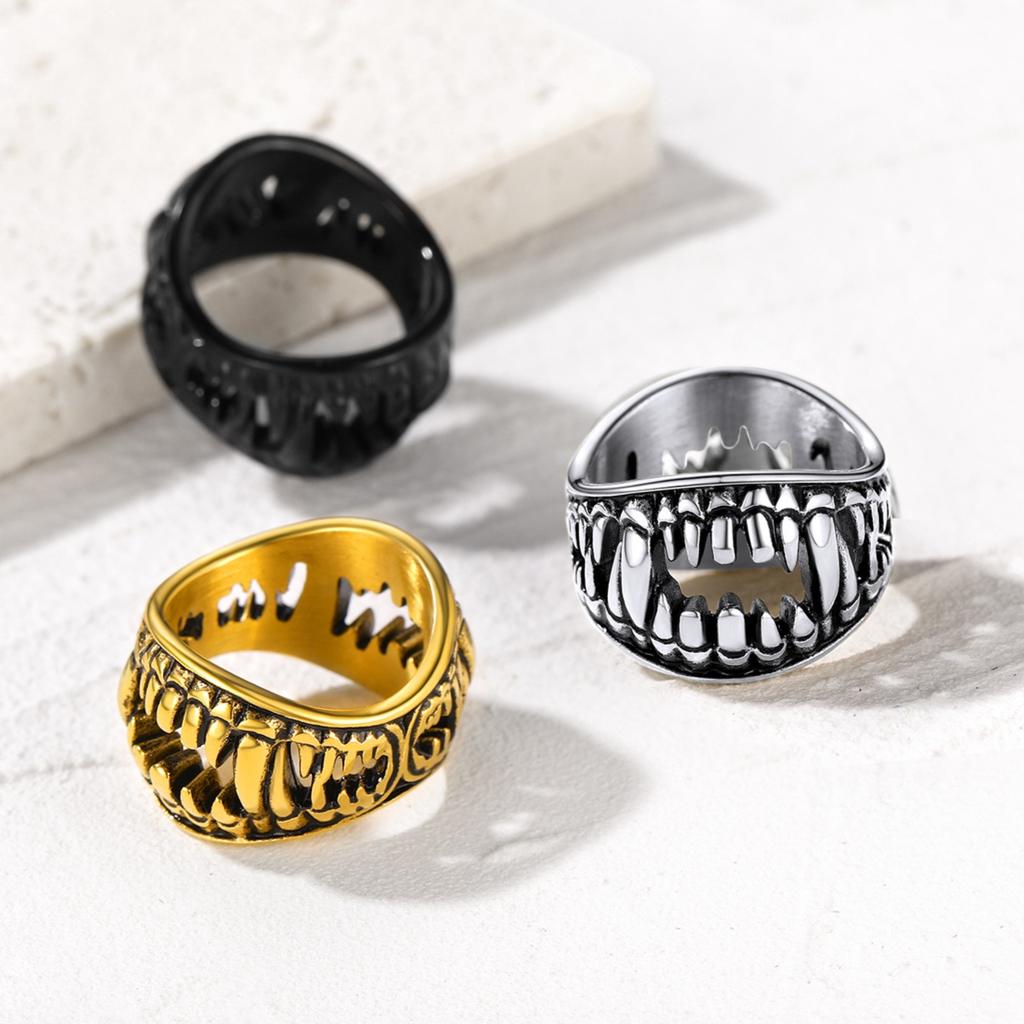 Stainless Steel Double Sides Teeth Rings for Man Woman Manmade Vintage Effect Size 7-14 Gothic Punk Cool Jewelry Gift