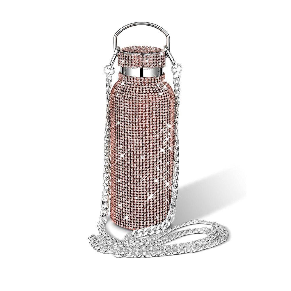 Thermal Rhinestone Water Bottle Stainless Steel Refillable Glitter Tumbler Removable Carrying Strap Chain Vacuum Flask Women