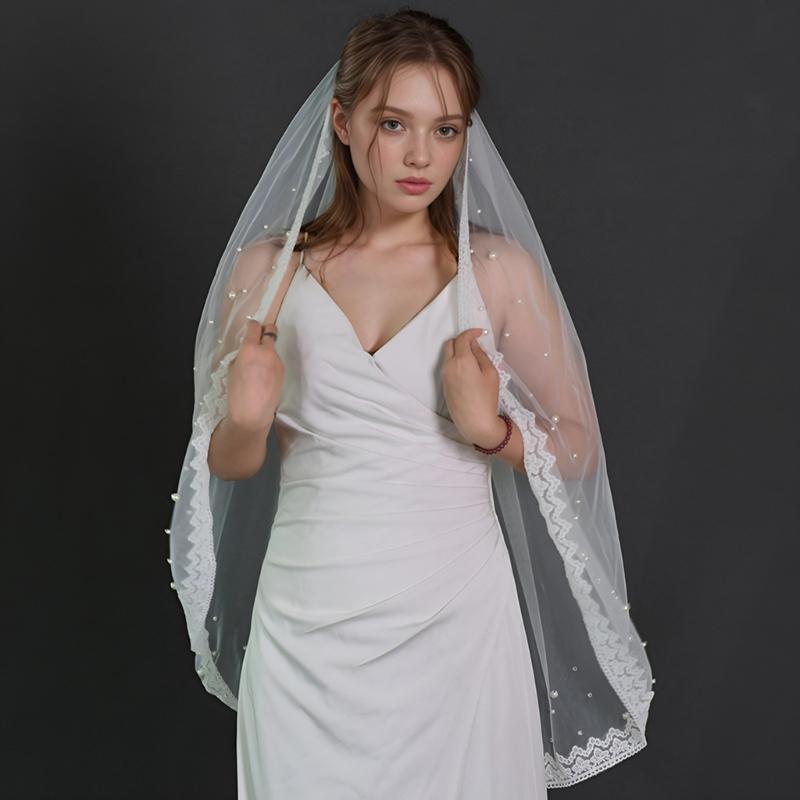 Elegant Floral Veils For Wedding Bride Lightweight Pearls Breathable Fabric Headpiece Formal Occasion