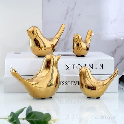 Figura de cerámica de pájaros bendecidos dorados para decoración del hogar | Sala de estar, dormitorio, escritorio de oficina y armarios - (Paquete de 4, dorado)