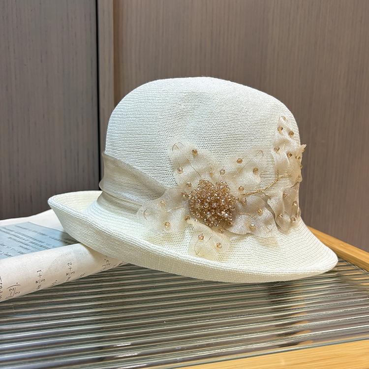 

Элегантная шляпа-котелок с загнутыми полями, женская, весенне-летняя, для шопинга, универсальная вязаная панама, британская ретро, солнцезащитная шляпа-ведро M（56-58cm） молочный белый