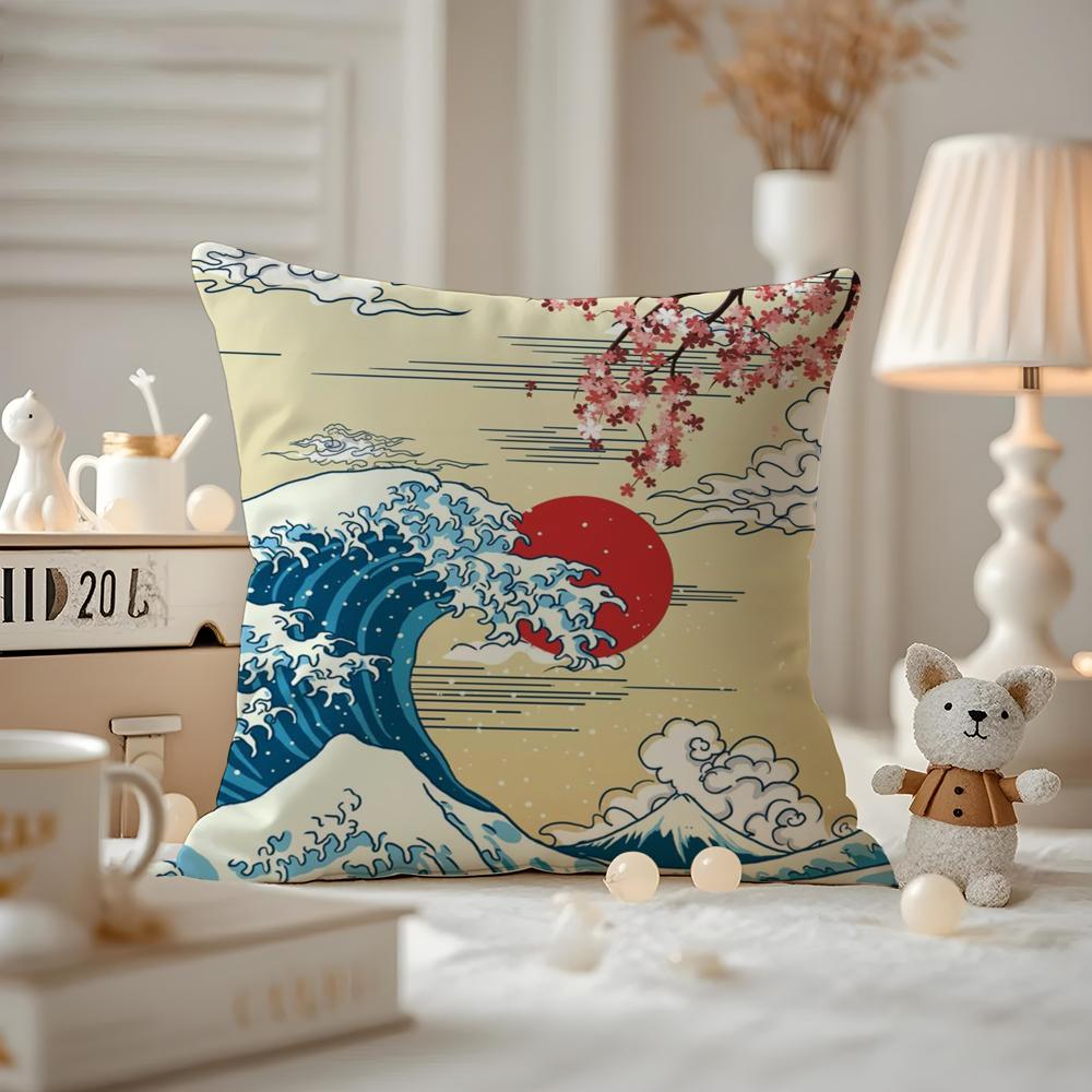 ART Japanische Wellen Kissenbezug Anti-Hausstaubmilben Kissenbezug Unsichtbarer Reißverschluss seidiger kurzer Plüsch Sofakissenbezug