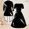 Women Plus Size Red Black Printed Two Piece Set Square Neck Tie Waist Flared Dress And 3 4 Sleeve Cardigan