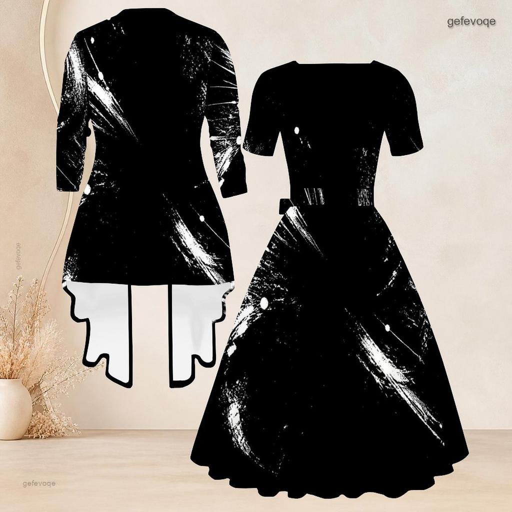 Women Plus Size Red Black Printed Two Piece Set Square Neck Tie Waist Flared Dress And 3 4 Sleeve Cardigan