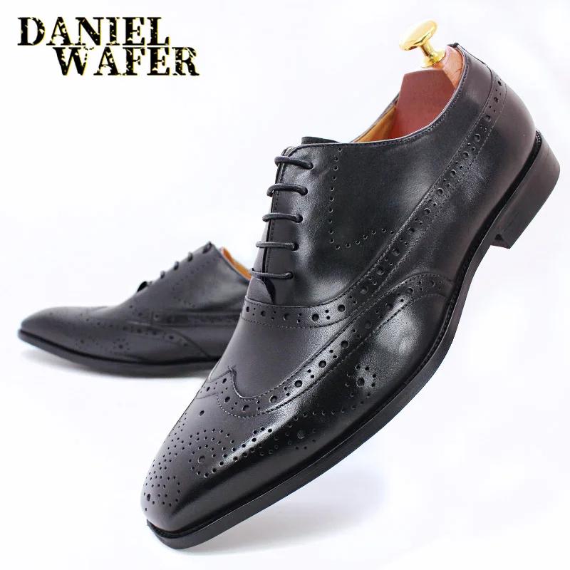 Fashion Size 38 To 47 Classic Genuine Leather Mens Wingtip Oxfords Office Business Formal Shoes Lace-up Brogue Wedding Shoes for Men