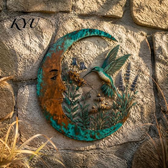 Indoor Outdoor Yard Ornaments Vintage Crescent Moon Wall Art, Fairy Witch Bee Dragonfly Iron Hanging Floral Metal Fence Accent Decor, Sculpture