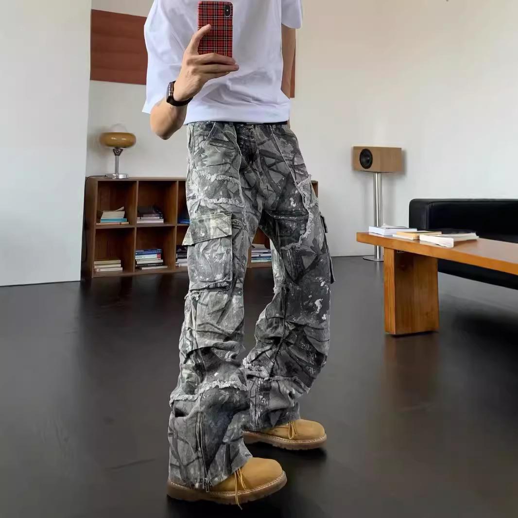 

Unisex Distressed Camouflage Wide-Leg Flared Workwear Jeans 3XL камуфляжний