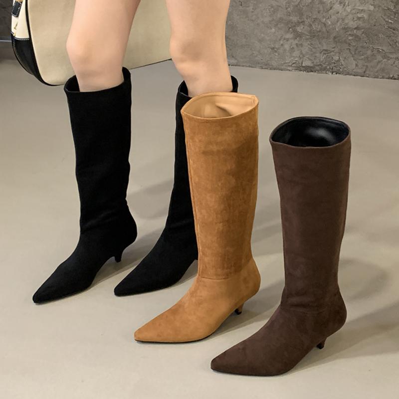 Eilyken Cizme de iarnă pentru femei, cu vârf ascuțit, până la genunchi, pantofi la modă cu toc jos subțire, botine pliate de designer