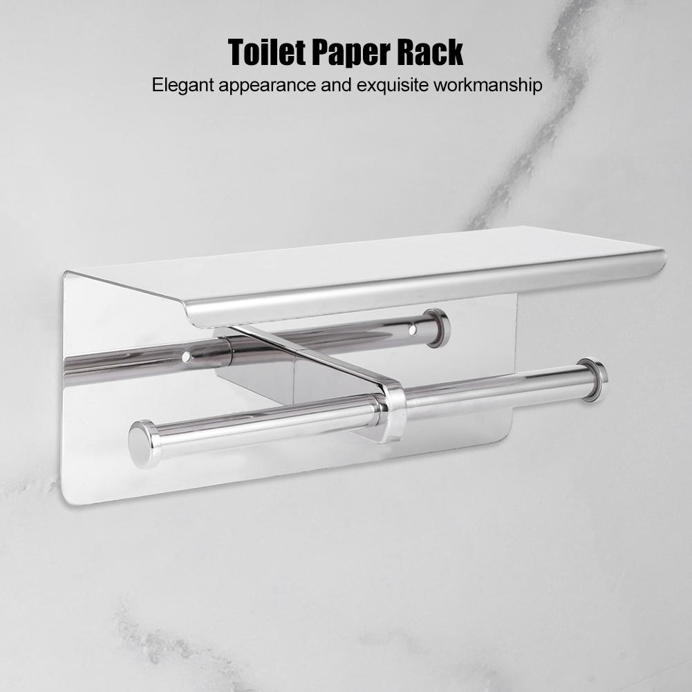 Double Toilet Paper Holder Stainless Steel Paper Rack Phone Storage Shelf Bathroom Use