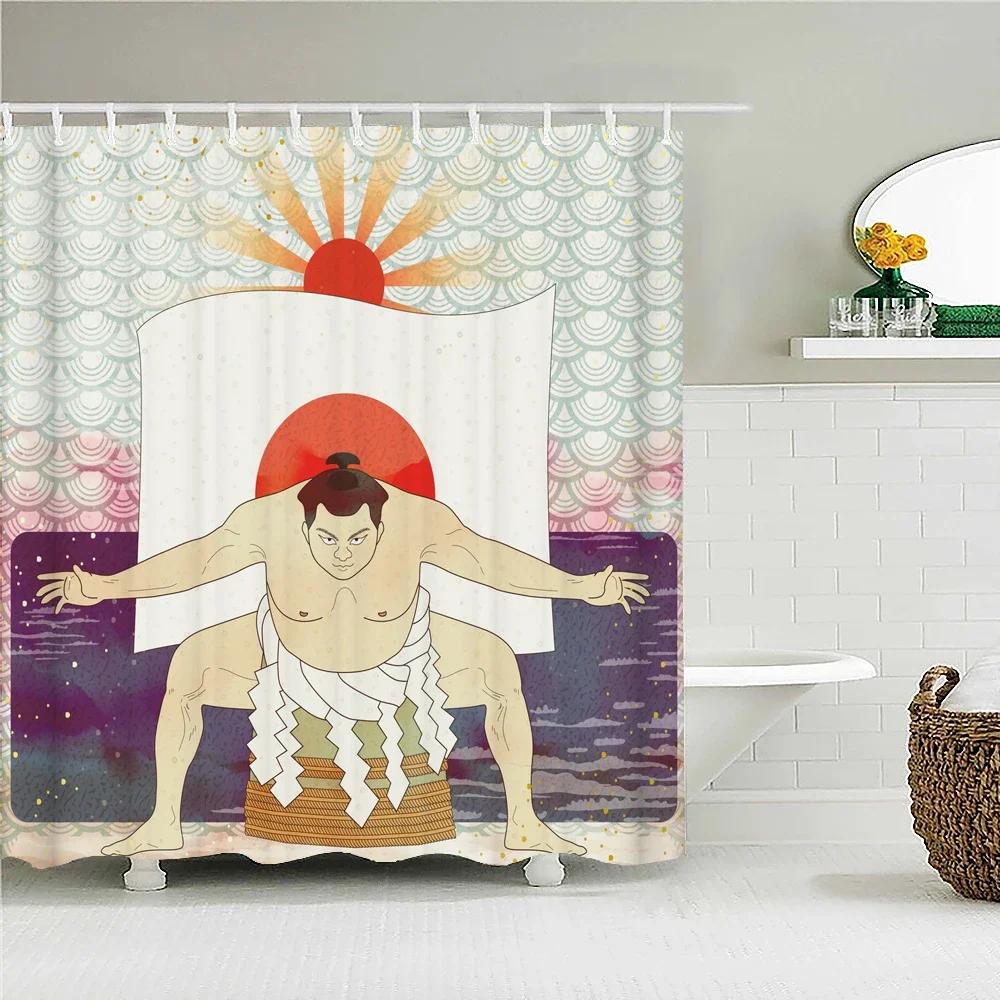Waterproof Polyester Fabric Shower Curtain Japanese-Style Waves Samurai Landscape 3D Printing Bathroom Decor Shower Curtains