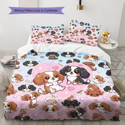 Rosa Cartoon-Hundemuster Bettwäsche, Steppbett-Set Bettbezug Kissenbezug Zuhause Geburtstagsgeschenk (1 Bettbezug + 2 Kissenbezüge, ohne Füllung)