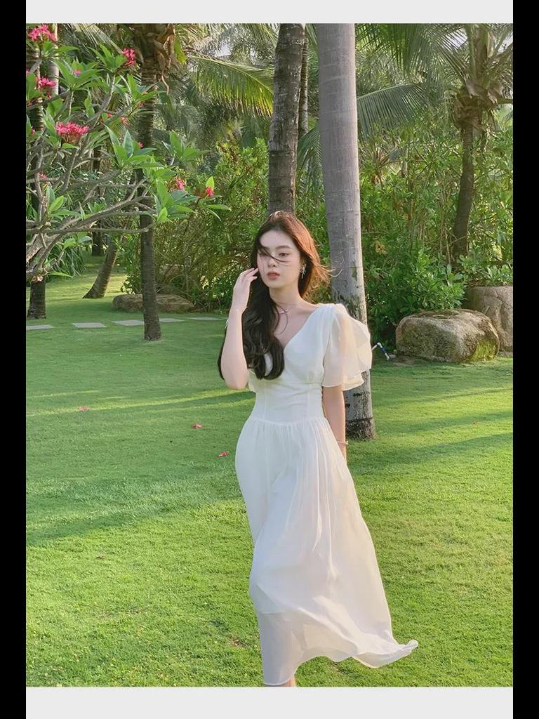 2024 Damen Hochwertiges Hellaprikosenfarbenes Chiffon-Trägerkleid mit V-Ausschnitt, Überknielang