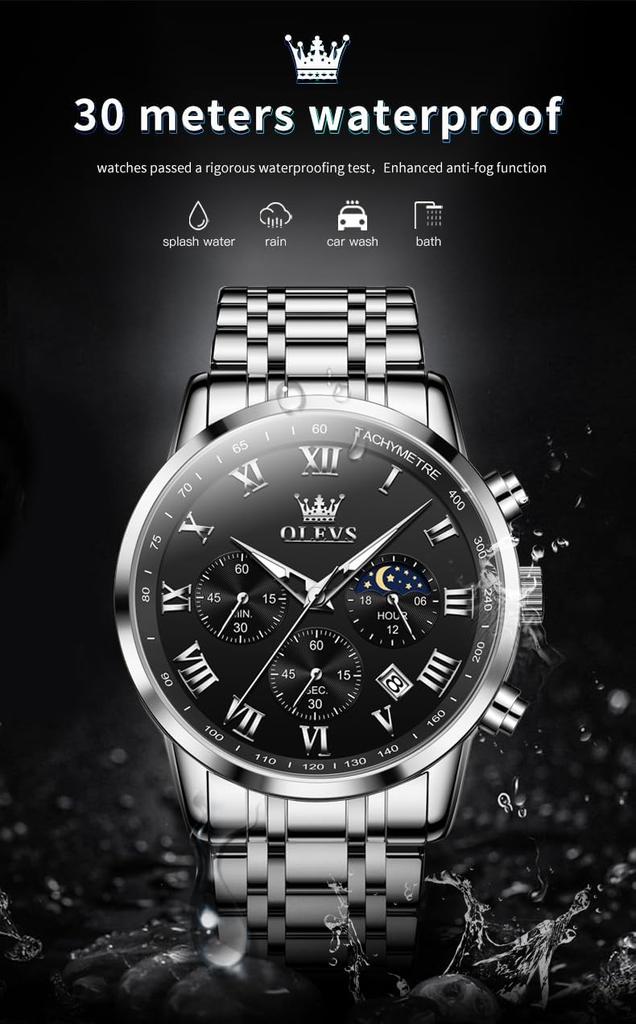 OLEVS Men's Quartz Watch Water-Resistant, Date Display, Luminous Hands, Stainless Steel Band, Black