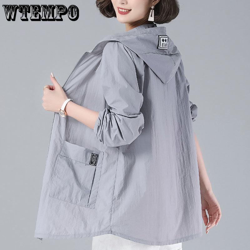 WTEMPO Solid Color Elegant Casual Large Size Zipper Hooded Coats Women's Four Seasons Casual Loose Versatile Windproof Coats with Pockets