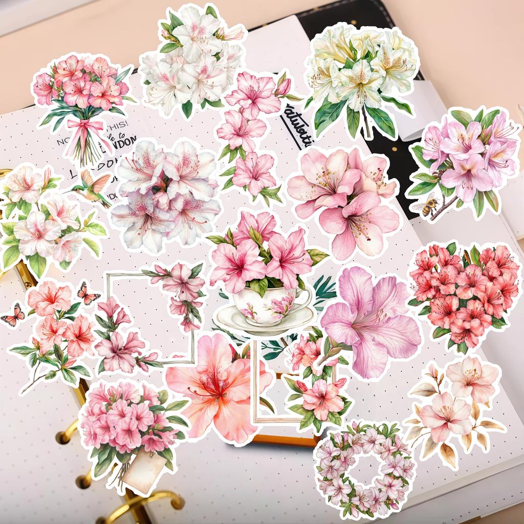 20pcs Watercolor pink azalea and butterfly bouquet Hand Account Stickers Stationery Laptop Fridge Suitcase Skateboard Phone