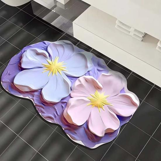 Floor Mat with Anti-Slip Bottom Quick-Drying Material 3D Floral Pattern Bathtub Mat Bathroom Kitchen Entryway Decor