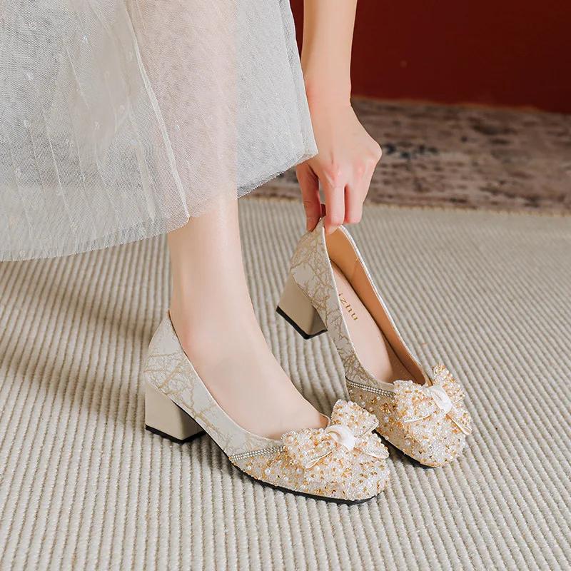 Women Shoes Fashion Pumps Girl Fashion Pointed Toe High Heels Shoes Bling Rhinestone Bowknot Dress Shoes