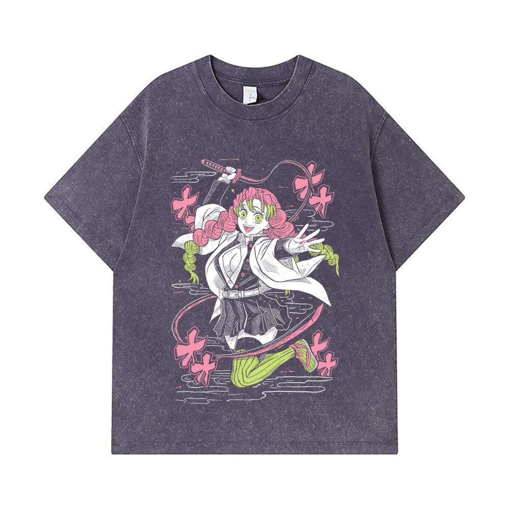 275 GSM Gewaschene T-Shirts 100% Baumwolle Demon Slayer V49 Mitsuri Aufdruck Unisex Schweres Baumwoll-T-Shirt