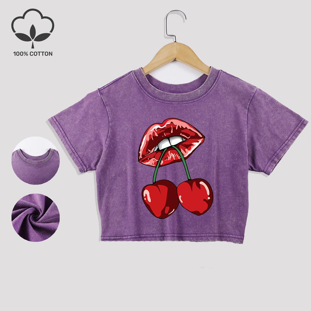 Cherries In The Mouth Printing Cotton Washed T-Shirts Fashion Lace Hem Crop Tees Distressed O-Neck Tops Casual Clothes