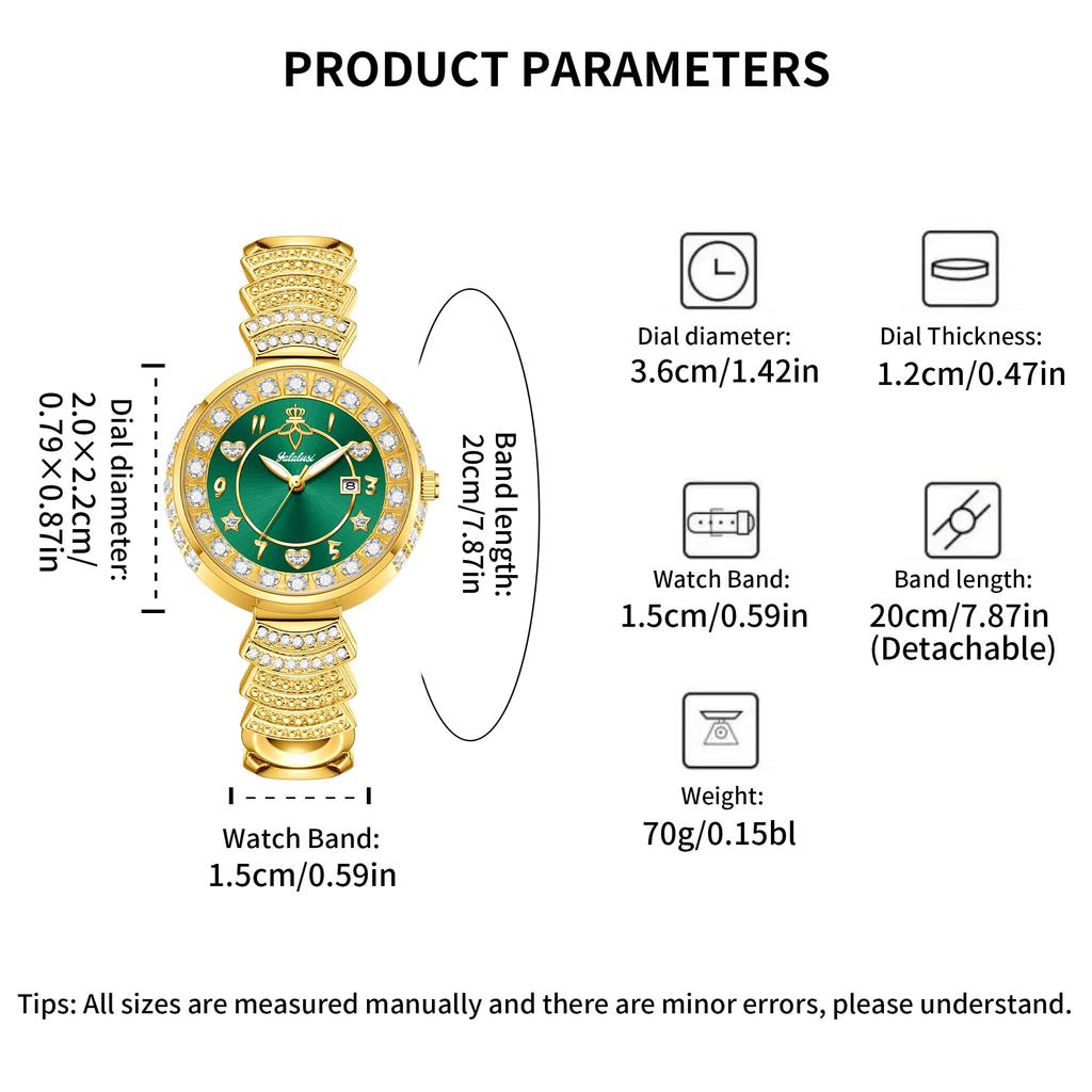 YaLaLuSi Women's Water-Resistant Quartz Watch with Vintage Green Dial and Diamond-Set Bracelet—Perfect as a Gift Reloj Mujer