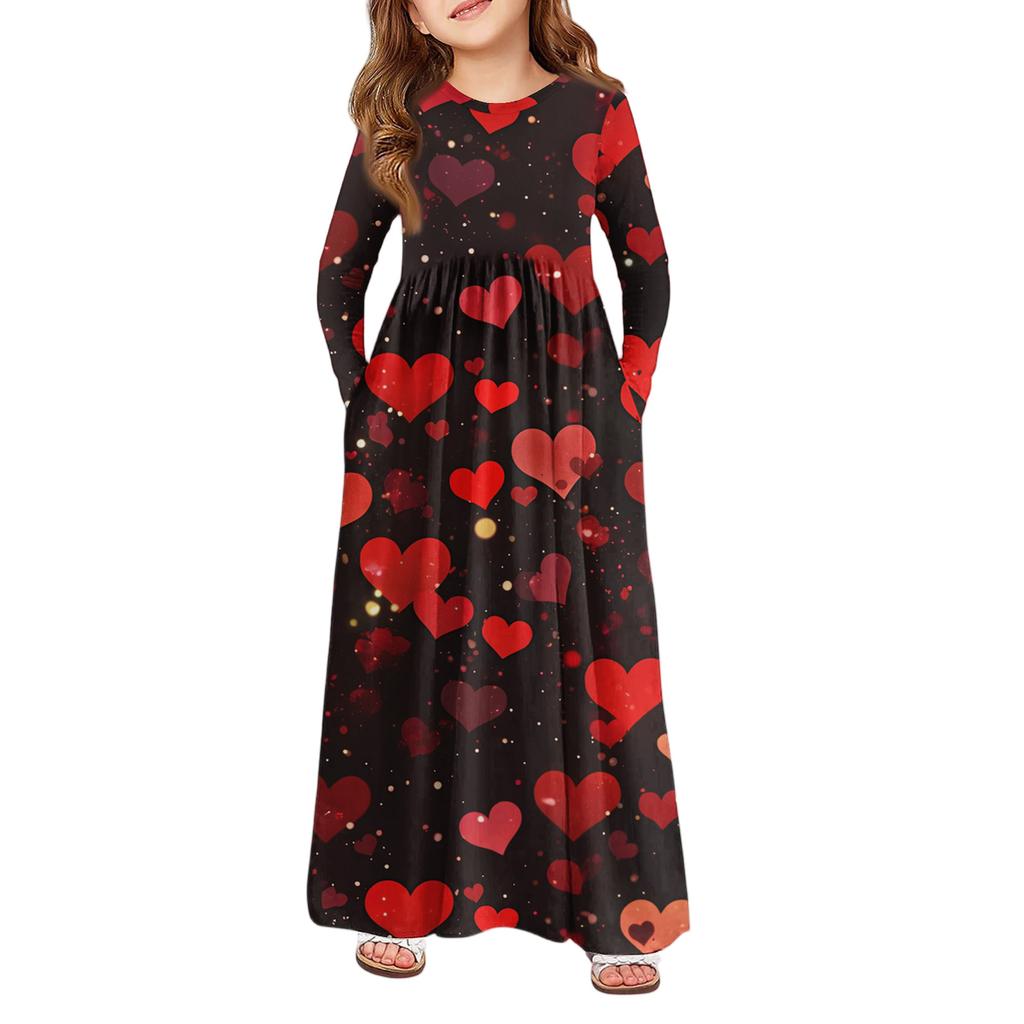 Girls' Maxi Dress - Long Sleeve Pocket Dress Valentine's Day