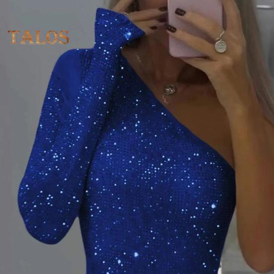 Women Sexy Sequin Bodysuit Long Sleeve One Shoulder Tube Top Jumpsuit Ladies Skinny One Piece Romper Playsuit for Parties Clubs Bars