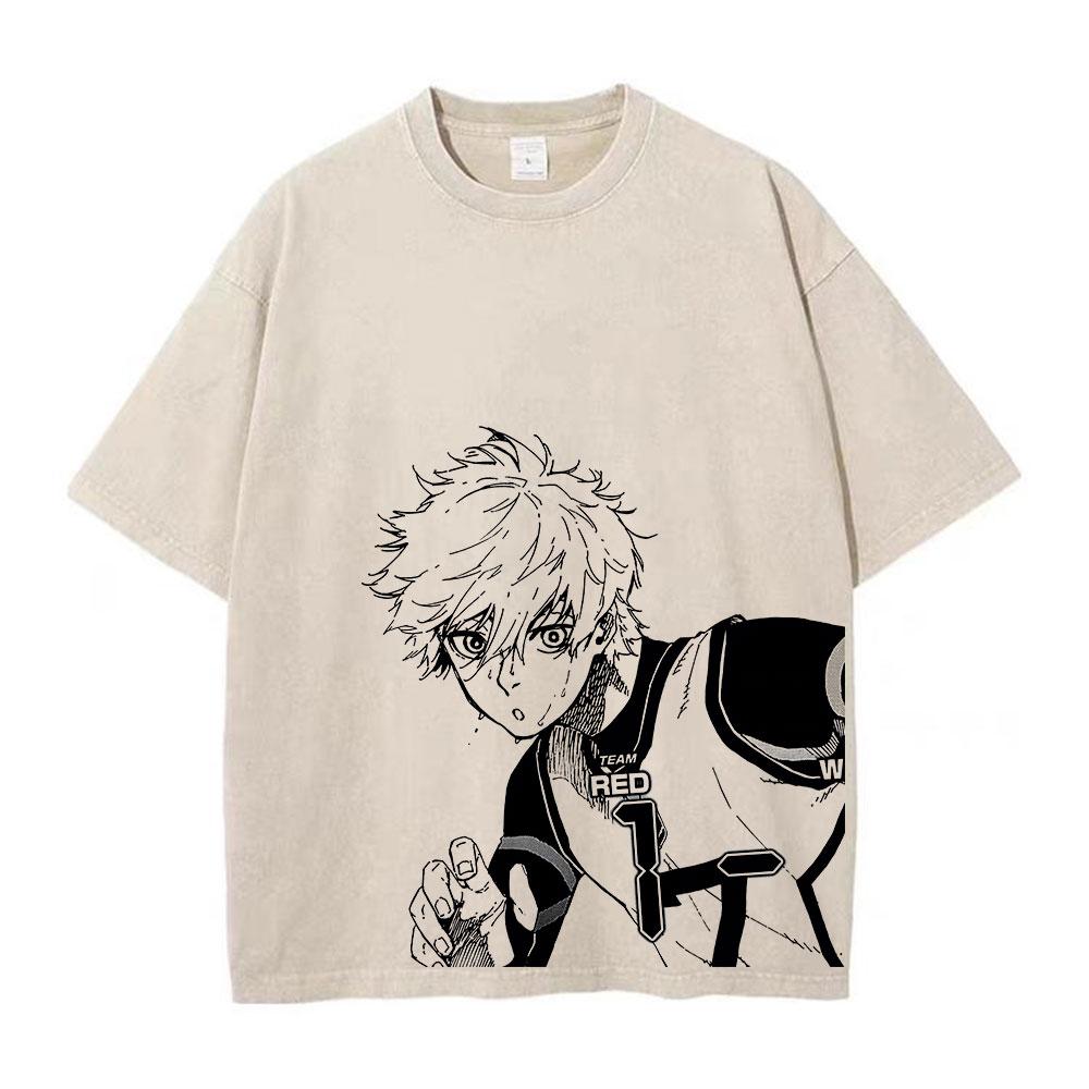 Anime Blue Lock Wash Tshirts Men Vintage Washed T Shirt Harajuku Oversize Cotton Tee Cotton Fashion Streetwear  Top