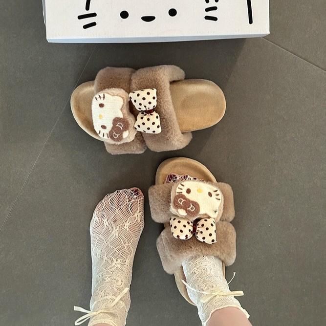 Милые мультяшные тапочки-бантики Hello Kitty, женские, новая коллекция осень-зима 2025, на толстой подошве, домашние, плюшевые, хлопковые, модные