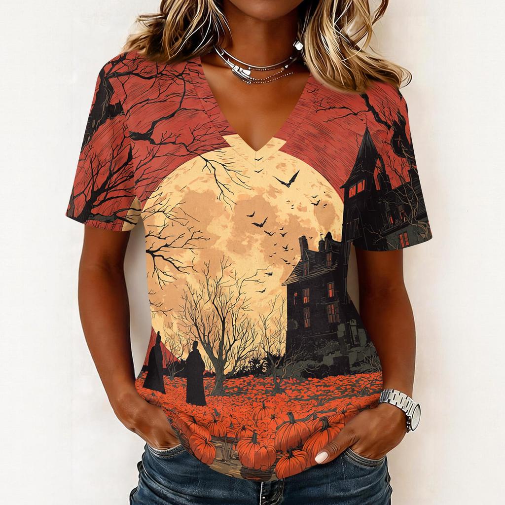 Women's Casual Short Sleeve V Neck Pullover Top Halloween Themed Graphic Print Lightweight Comfortable Fit