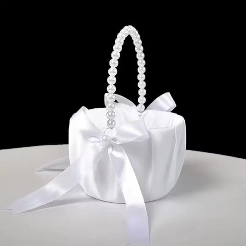 20 Cm White Flower Girls Basket Silk Kids Hand Held Wedding Basket Pearl Bow Wedding Ceremony Party Decorations