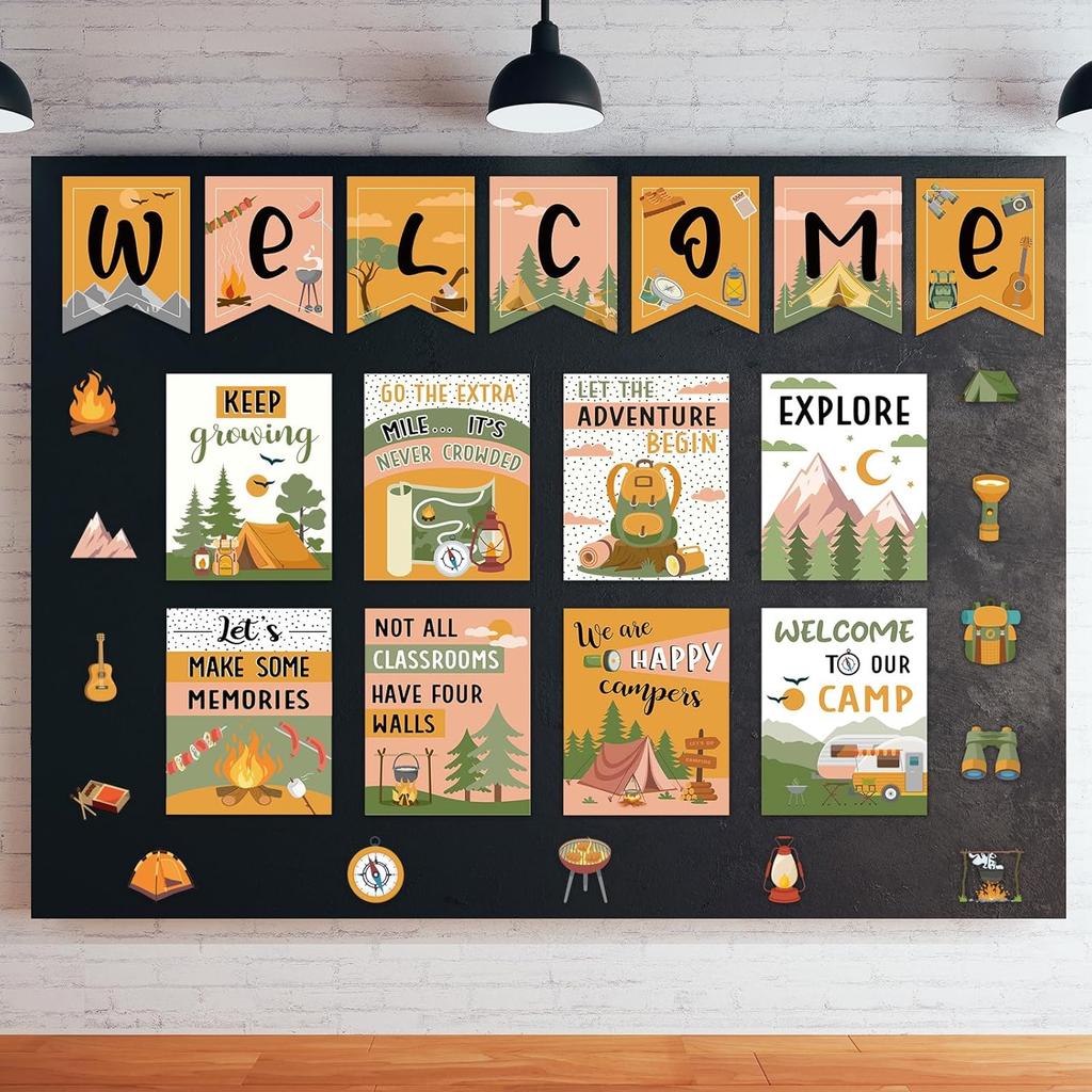 Outus 28 Pcs Camping Welcome Bulletin Board Posters Decor Set Motivational Theme Classroom Decorations pirational Quotes Paper Cutouts for Back to