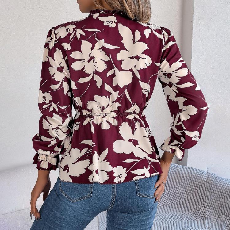 Women Long Sleeve V-Neck Blouse Feather Print Top Spring Autumn Fashion Temperament Shirt