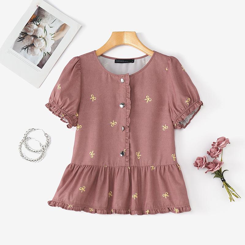 ZANZEA Blusa informal de verano con cuello redondo y manga corta estampada para mujer