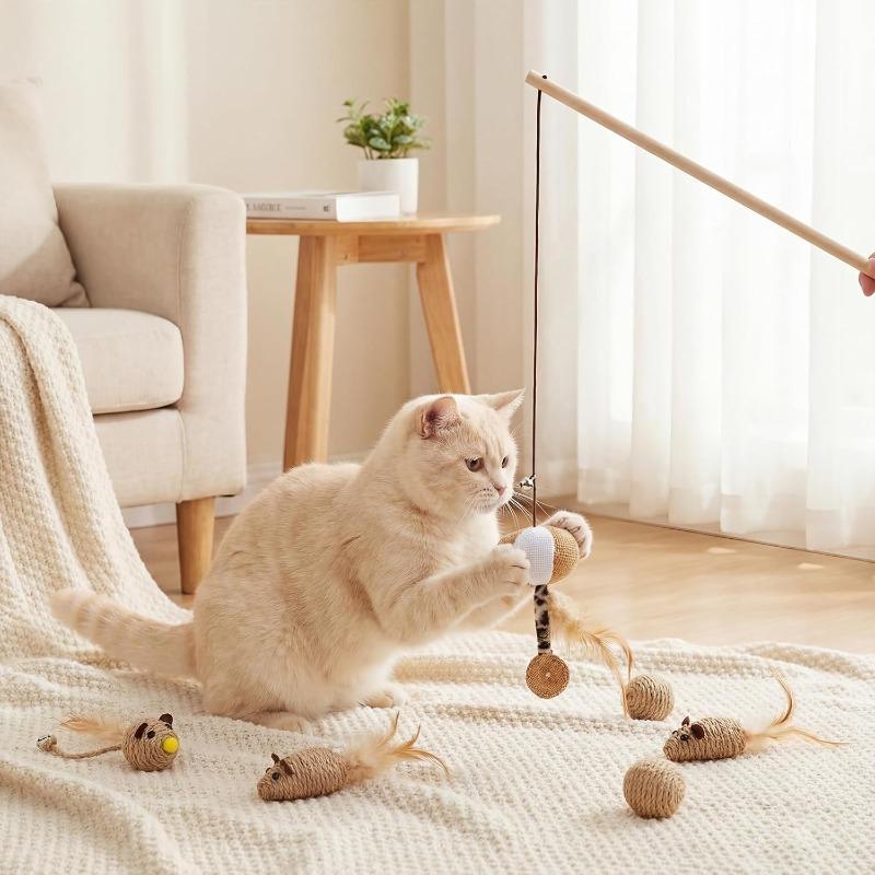 Interactive Cat Toys Set for Indoor Cats Wooden Wand with Bell Feather Sisal Mouse Balls Chew Rope Kitten Chase Exercise Play Pet Supplies