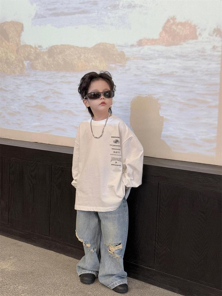 Wood Sheep Spring 2025 Kids' Wide-Leg Jeans with Ripped Hems - Trendy for Boys and Girls