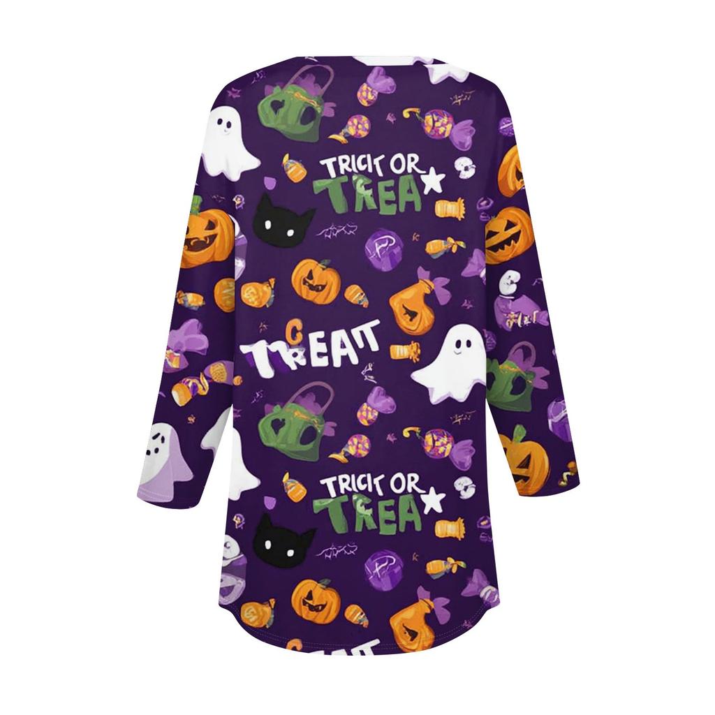 Women's Fashion Loose Button Collar Halloween Print Long Sleeve T-Shirt Top Pullover