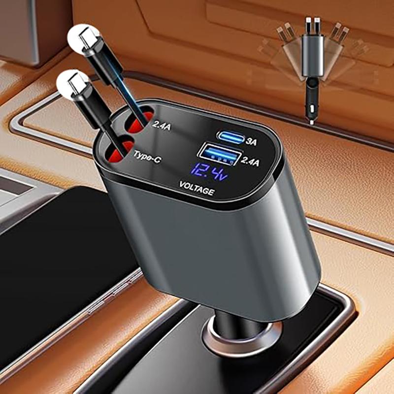 4-in-1 Fast Retractable Car Charger -120W Type Adapter With 2X Retractable PhoneCables, 2X USB Ports