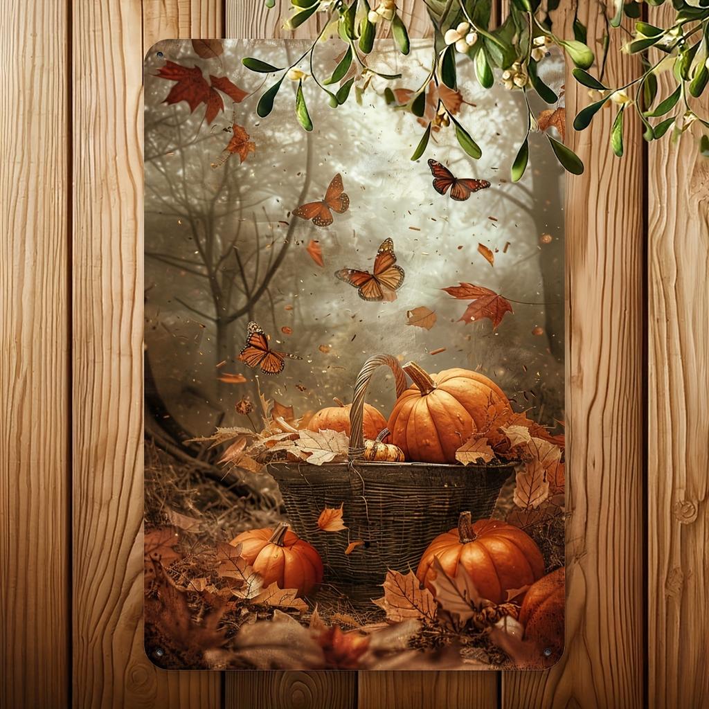 [2D Flat] 1pc Vintage Pumpkin World Metal Tin Sign, 20.32x30.48 Cm Rustic Iron Wall Art with Autumn Forest Scene, Hand-Painted J