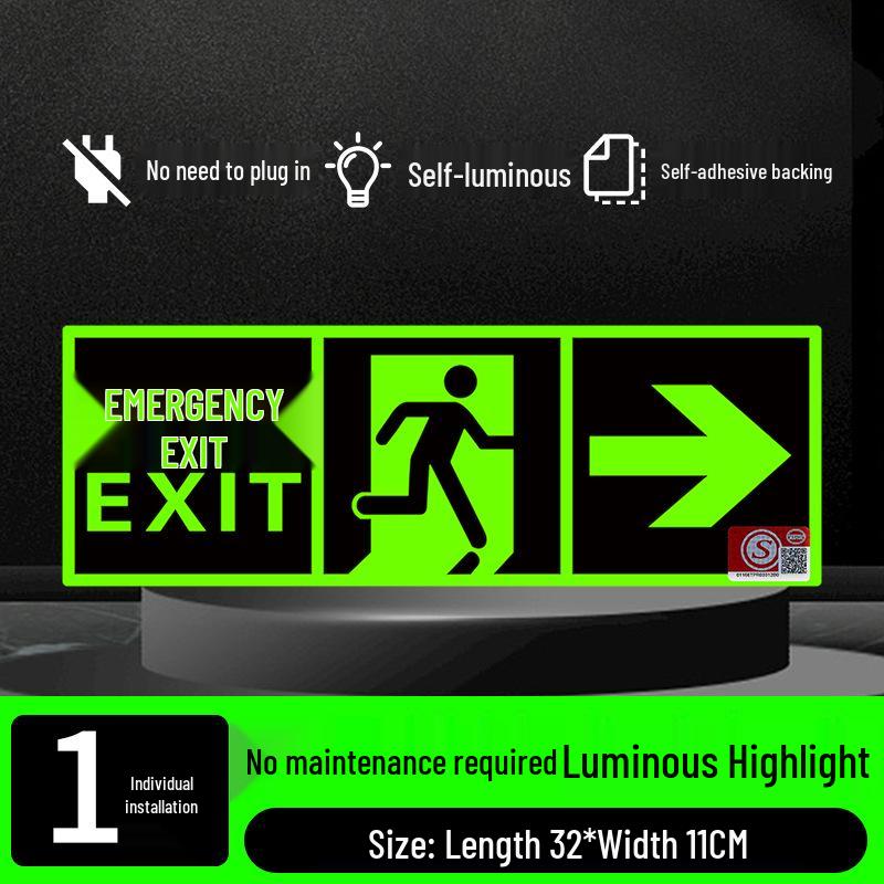 Fluorescent Fire Exit Sign - Self-Adhesive, No Wiring