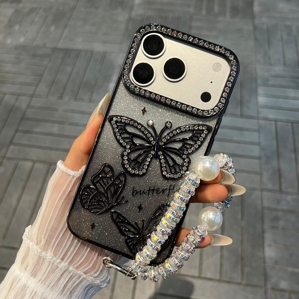 Apple 17Pro Case: Electroplated 3D Butterfly Rhinestone Design, Glitter Anti-fall Soft Cover for iPhone16.