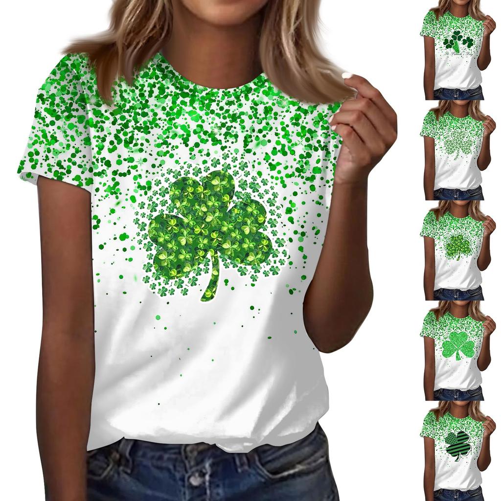 Women's  Casual Short Sleeve Shirts Fashion St Patrick's Print Tunic Tops With Pockets