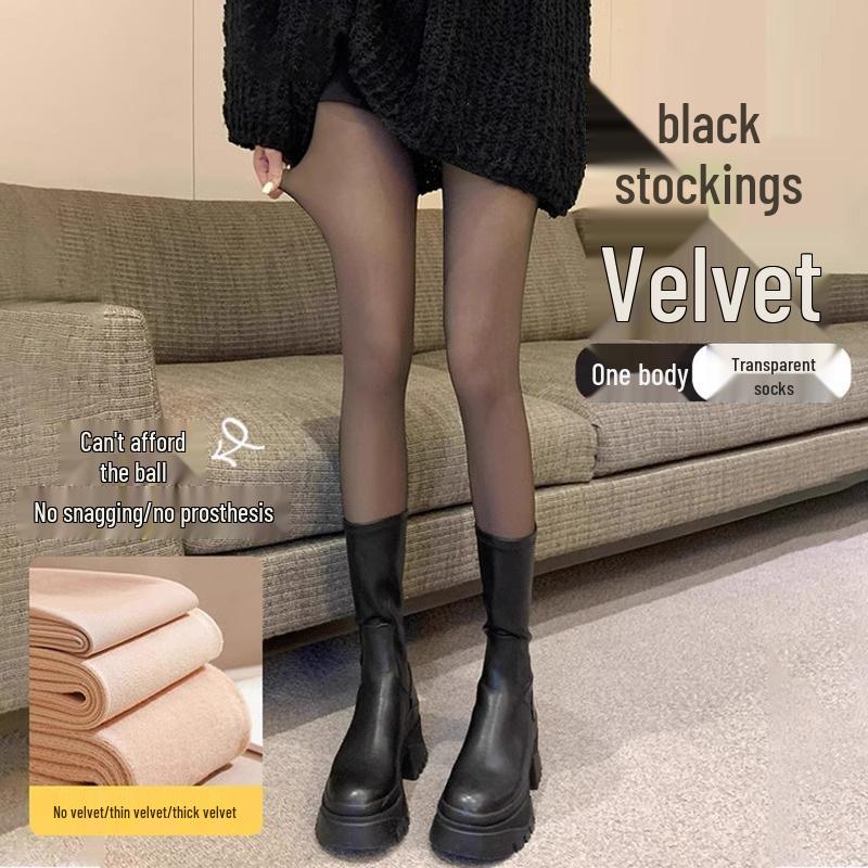 

Women s Slim Nude-Feel Faux-Skin Black Stockings with Plus Velvet - Spring to Winter Pantyhose Solid Black [Open Toe]