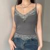 Gothic Basic Women Camis Grunge Punk Black Casual Lace Trim Crop Tops Ribbed Backless Alt Clothes Summer