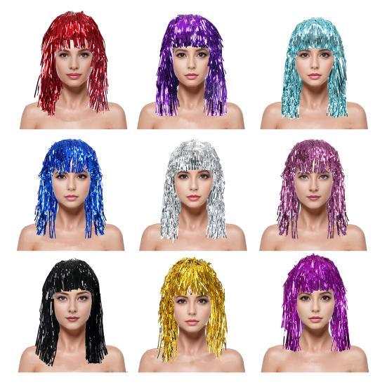 Foil Tinsel Wigs for Adults Fancy Dress Party Shiny Tinsel Wig Metallic Masquerade Disco Hat for Photo Booth Prop Cosplay Supplies