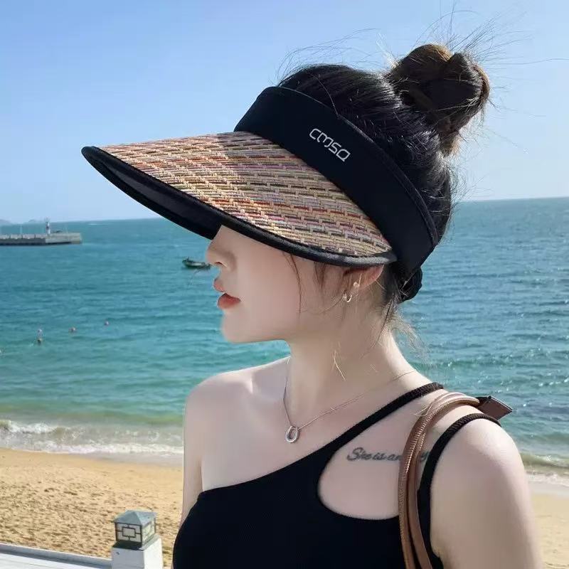 Summer UV Protection Empty Top Sun Protection Hat Women's Big Brim Rainbow Beach Shade Straw Hat Cycling Face Cover Sun Hat