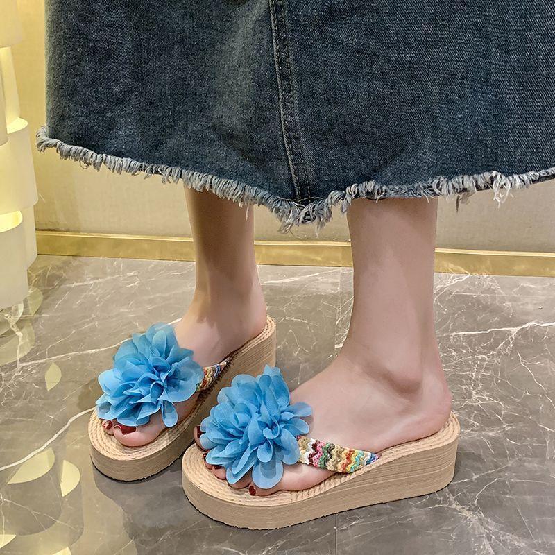 Wedge heel non-slip flip-flops flower cool slippers women's 2025 summer outer wear platform beach shoes women